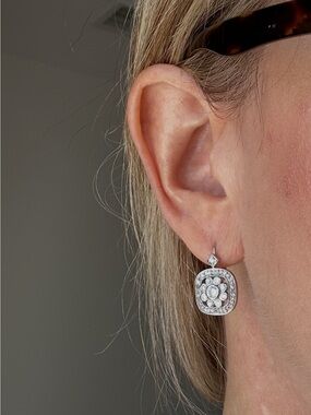 Beautiful Silver-Tone CZ Cluster Drop Earrings